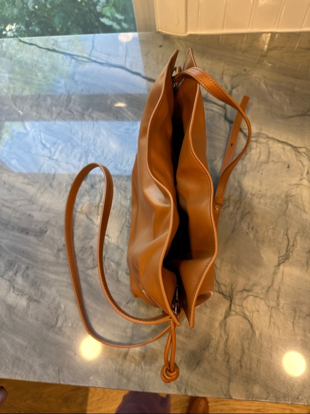 Quince Italian Leather Drawstring Pouch Crossbody Bag in Cognac - Picture 9 of 16